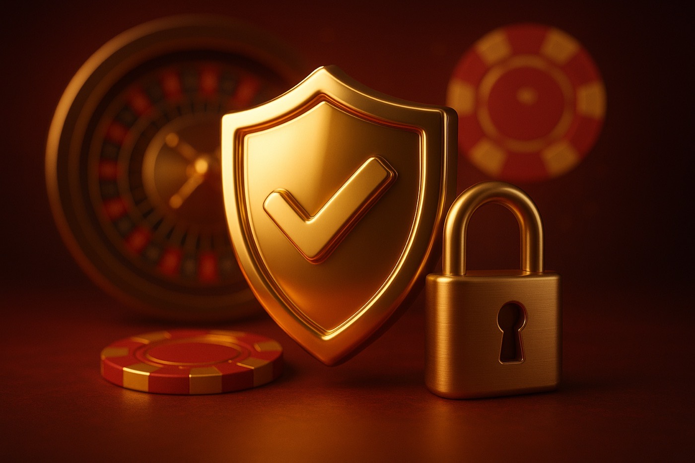 Online casino güvenlik rozeti - altın kalkan, kilit, rulet ve jeton